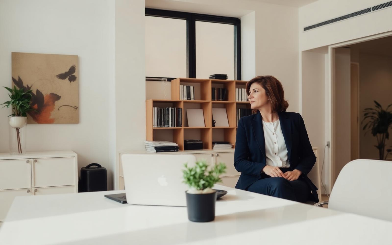 Two professionals in conversation across a desk in a bright room